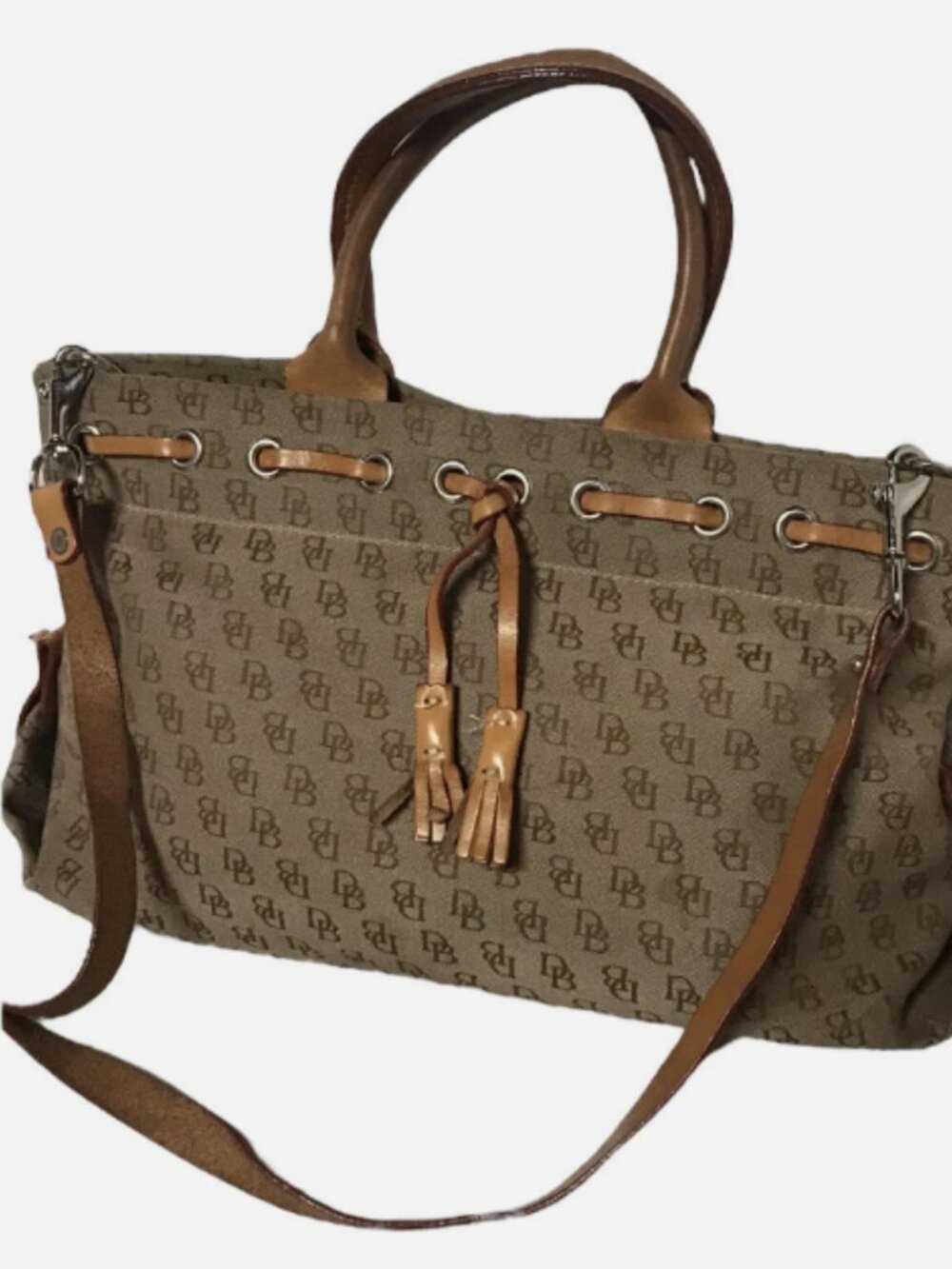 VINTAGE DOONEY AND BOURKE SIGNATURE TASSEL CANVAS LEATHER SHOULDER BAG